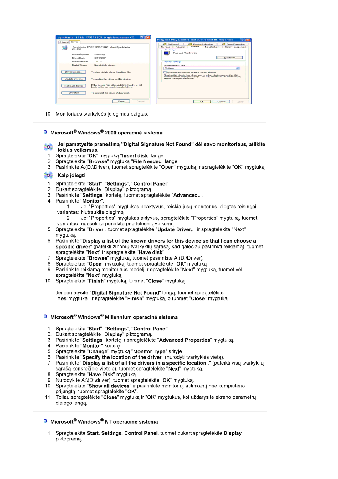 Samsung LS15HABTS/EDC Kaip Ƴdiegti Spragtelơkite Start, Settings, Control Panel, Microsoft Windows NT operacinơ sistema 