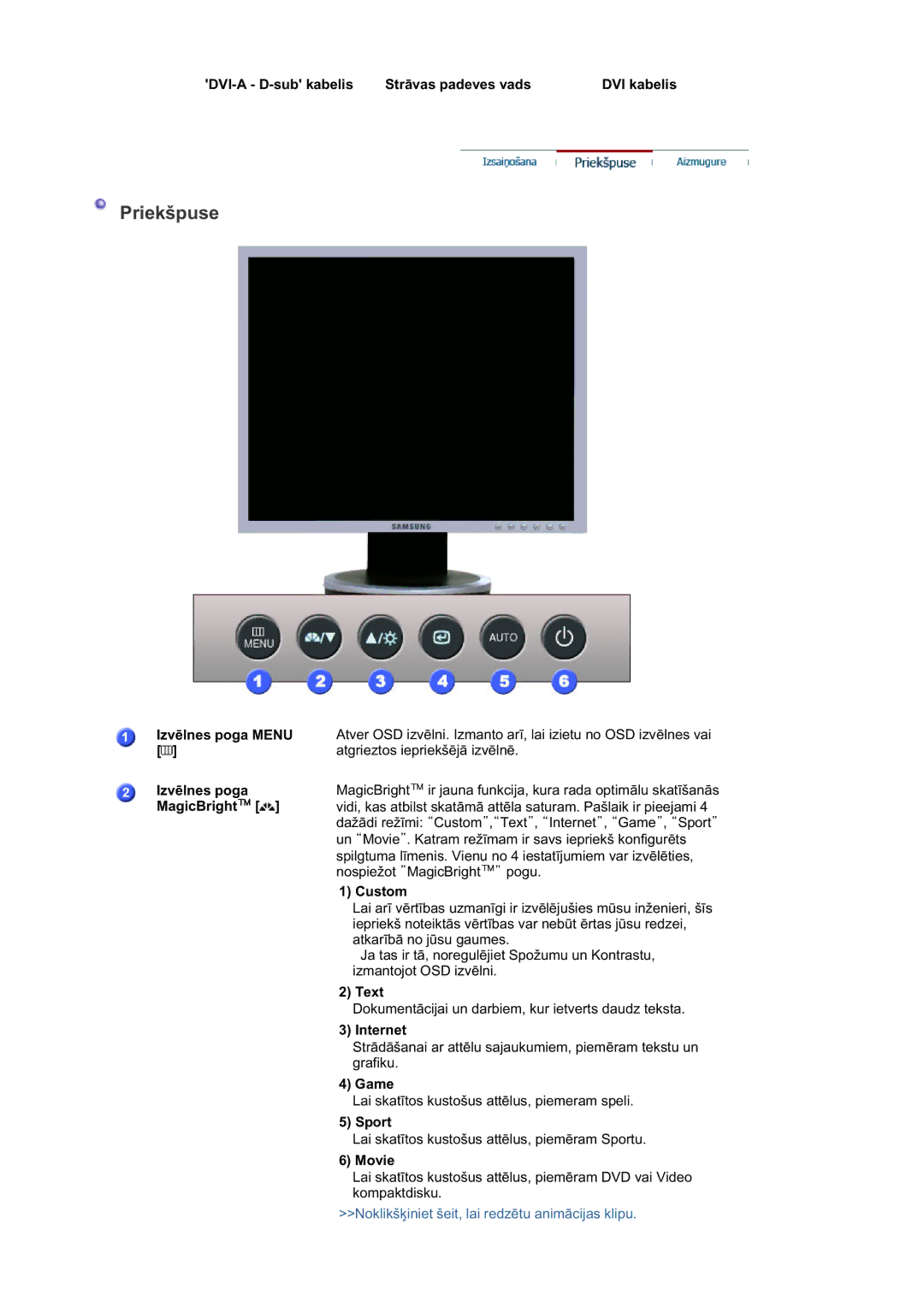 Samsung LS15HABTS/EDC, MJ19BSTBV/EDC manual DVI-A D-sub kabelis StrƗvas padeves vads DVI kabelis, IzvƝlnes poga Menu 