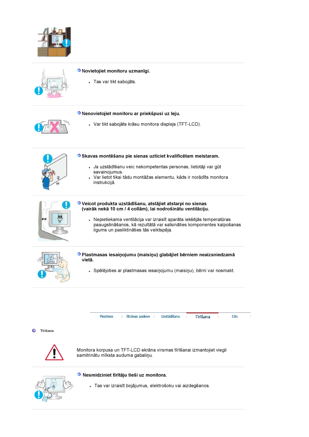 Samsung LS17HAAES/EDC, MJ19BSTBV/EDC manual Novietojiet monitoru uzmanƯgi, Nenovietojiet monitoru ar priekšpusi uz leju 