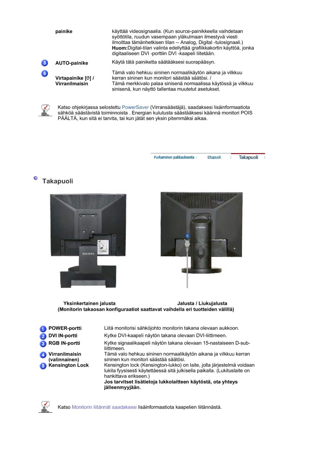 Samsung LS17HABTSQ/EDC manual Painike AUTO-painike Virtapainike / Virranilmaisin, DVI IN-portti, RGB IN-portti, Valinnainen 