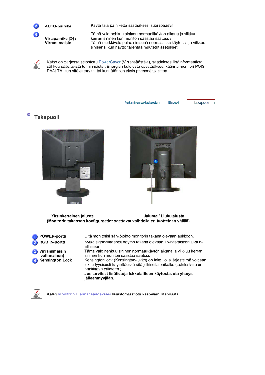 Samsung MJ19BSASQ/EDC, MJ19BSTBV/EDC, LS19HATESH/EDC manual AUTO-painike Virtapainike / Virranilmaisin, RGB IN-portti 