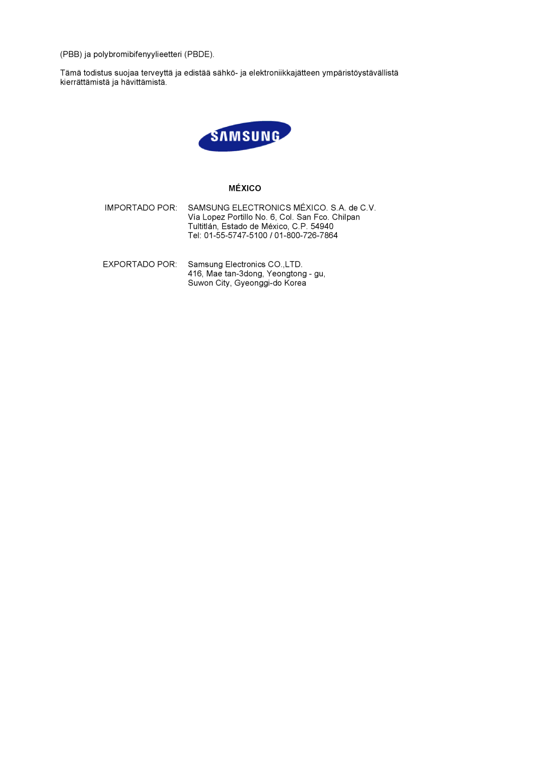 Samsung MJ19BSTSQ/EDC, MJ19BSTBV/EDC, LS19HATESH/EDC, LS19HALKSB/EDC, LS17HATTSQ/EDC, LS17HAHESQ/EDC, LS15HAAKS/EDC manual México 