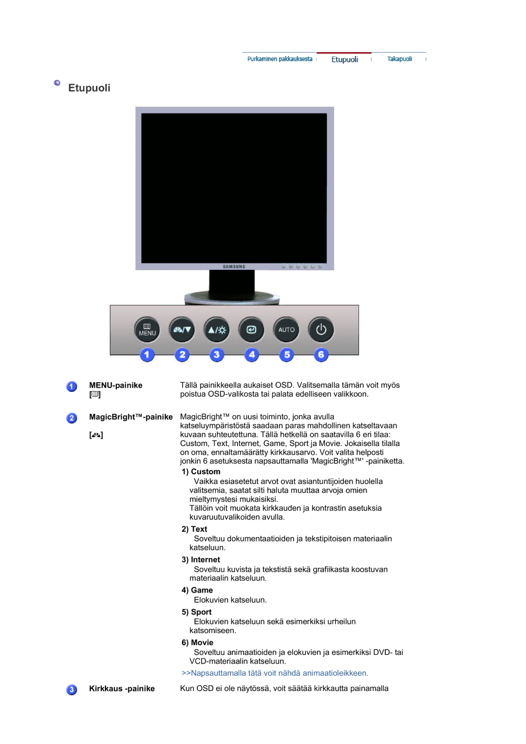 Samsung LS19HAAESB/EDC, MJ19BSTBV/EDC, LS19HATESH/EDC MENU-painike, Poistua OSD-valikosta tai palata edelliseen valikkoon 