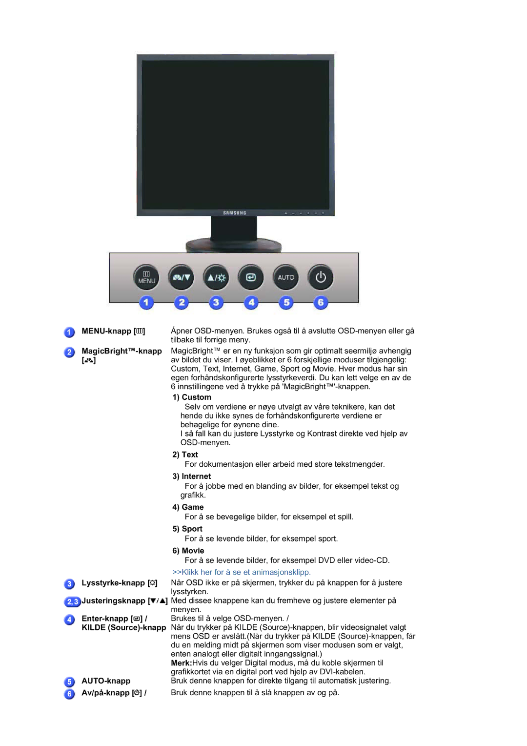 Samsung LS19HAHESQ/EDC manual MENU-knapp, MagicBright-knapp, Custom, Text, Internet, Game, Sport, Movie, Lysstyrke-knapp 