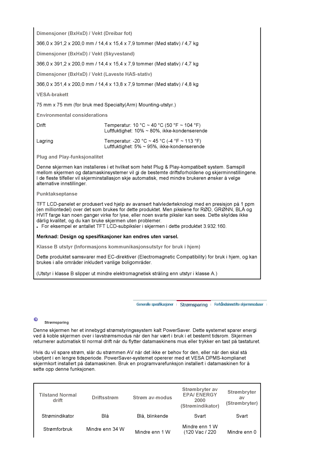 Samsung LS17HAATS/EDC manual Environmental considerations, Merknad Design og spesifikasjoner kan endres uten varsel 