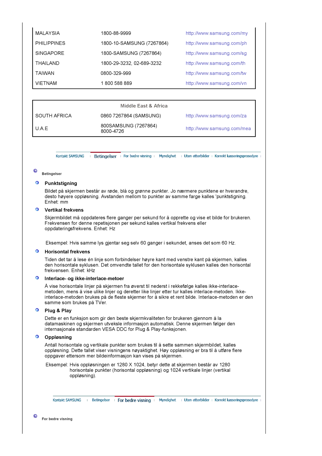 Samsung LS17HAAES/EDC manual Punktstigning, Vertikal frekvens, Horisontal frekvens, Interlace- og ikke-interlace-metoer 