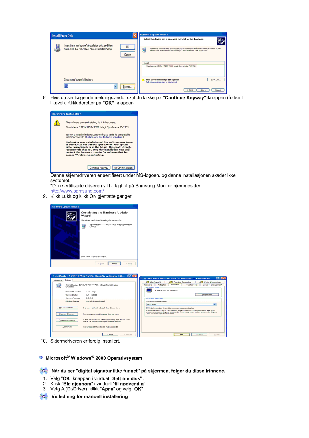 Samsung LS19HALESB/EDC, MJ19BSTBV/EDC manual Klikk Bla gjennom i vinduet fil nødvendig, Veiledning for manuell installering 