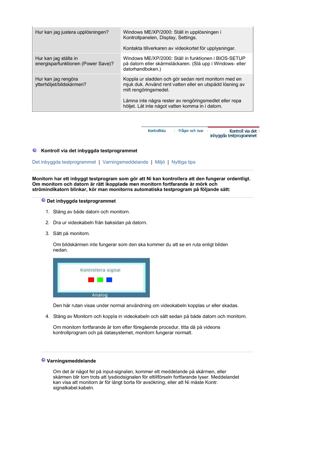 Samsung LS19HALKSB/EDC, MJ19BSTBV/EDC, LS19HATESH/EDC manual Kontroll via det inbyggda testprogrammet, Varningsmeddelande 