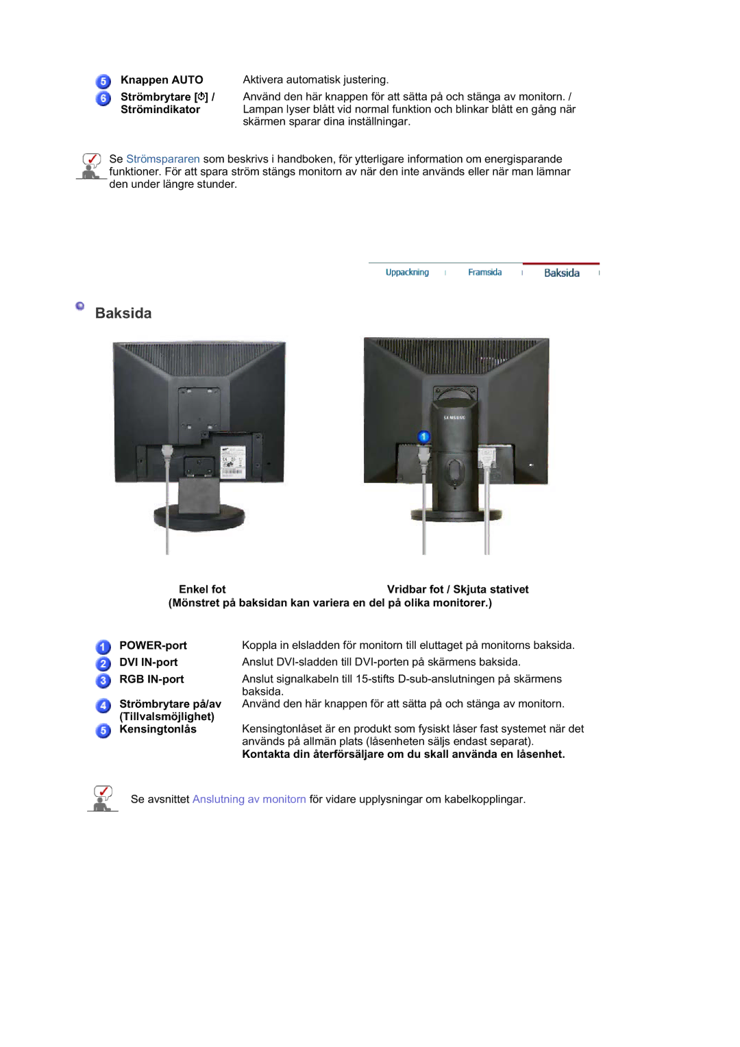 Samsung LS17HABTSQ/EDC, MJ19BSTBV/EDC, LS19HATESH/EDC manual DVI IN-port, RGB IN-port, Strömbrytare på/av, Kensingtonlås 