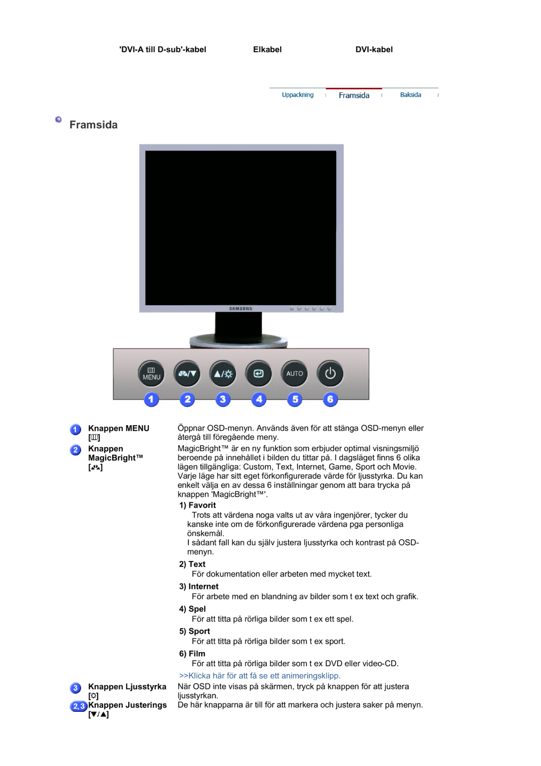 Samsung LS19HAAESB/EDC, MJ19BSTBV/EDC, LS19HATESH/EDC, LS19HALKSB/EDC DVI-A till D-sub-kabel Elkabel DVI-kabel, Knappen Menu 