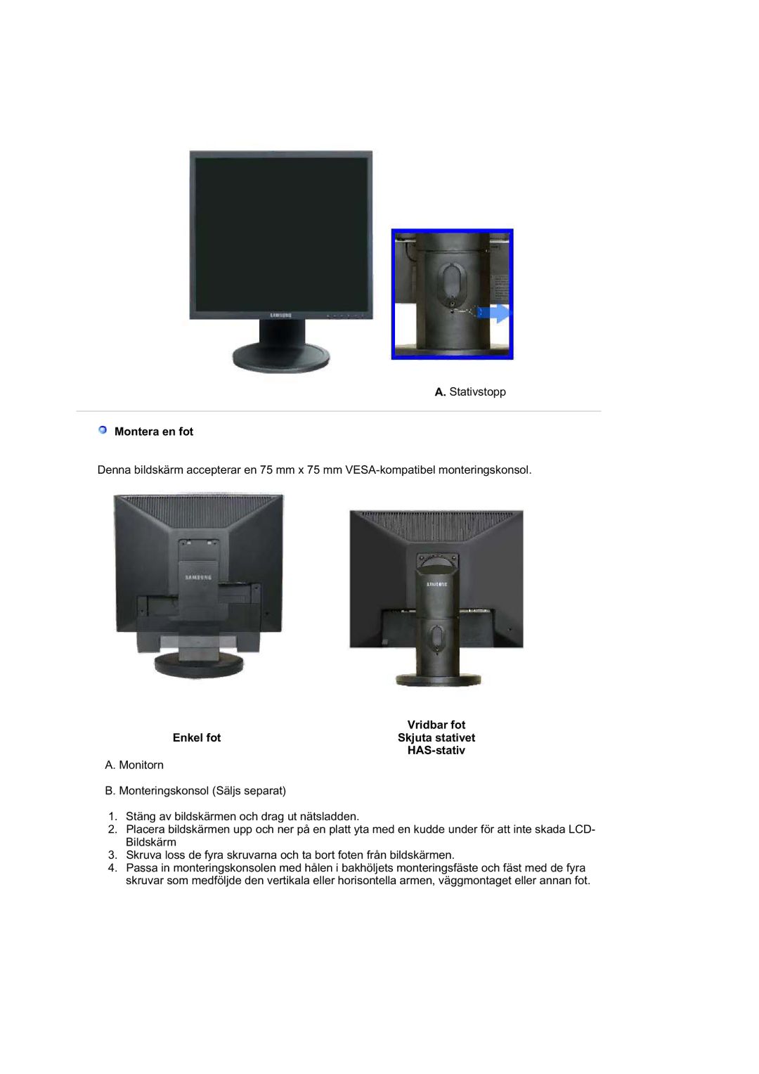 Samsung LS17HAAES/EDC, MJ19BSTBV/EDC, LS19HATESH/EDC, LS19HALKSB/EDC, LS17HATTSQ/EDC, LS17HAHESQ/EDC manual Montera en fot 