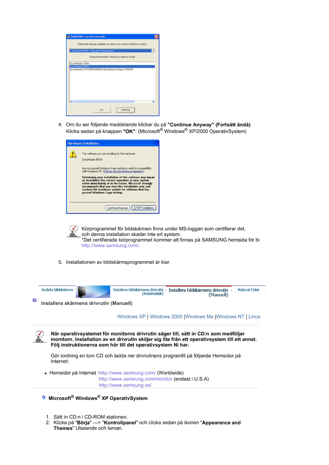Samsung LS19HAHESQ/EDC, MJ19BSTBV/EDC manual Installera skärmens drivrutin Manuell, Microsoft Windows XP OperativSystem 