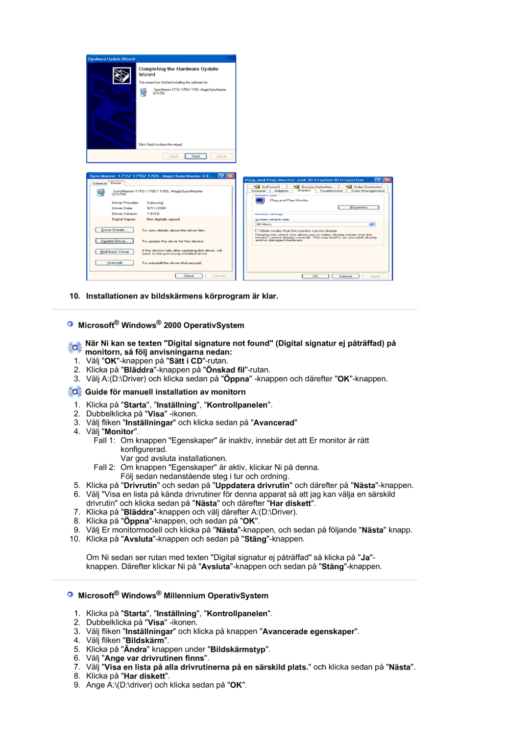 Samsung LS19HABTSQ/EDC, MJ19BSTBV/EDC, LS19HATESH/EDC manual Klicka på Har diskett Ange A\D\driver och klicka sedan på OK 