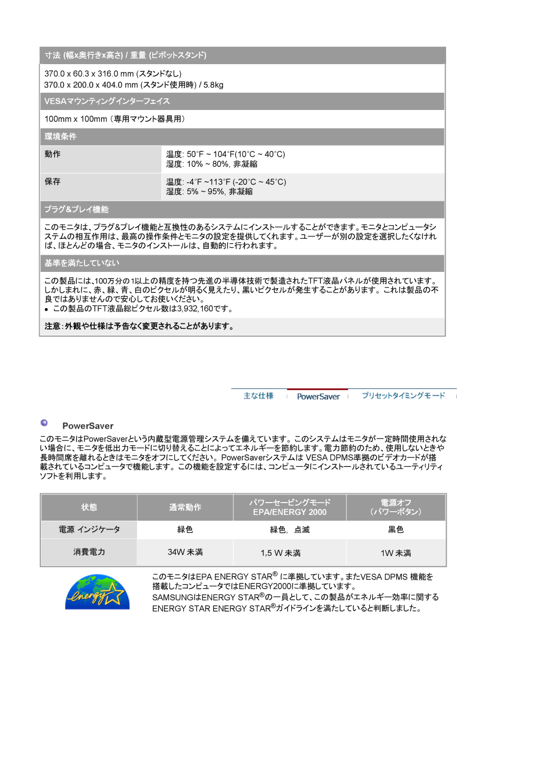 Samsung MJ19ASTN/XSJ, MJ19BSTNP/XSJ, MJ17ASTB/XSJ Vesaマウンティングインターフェイス, 環境条件, プラグ &プレイ機能, 基準を満たしていない, 通常動作 パワーセービングモード 電源オフ 