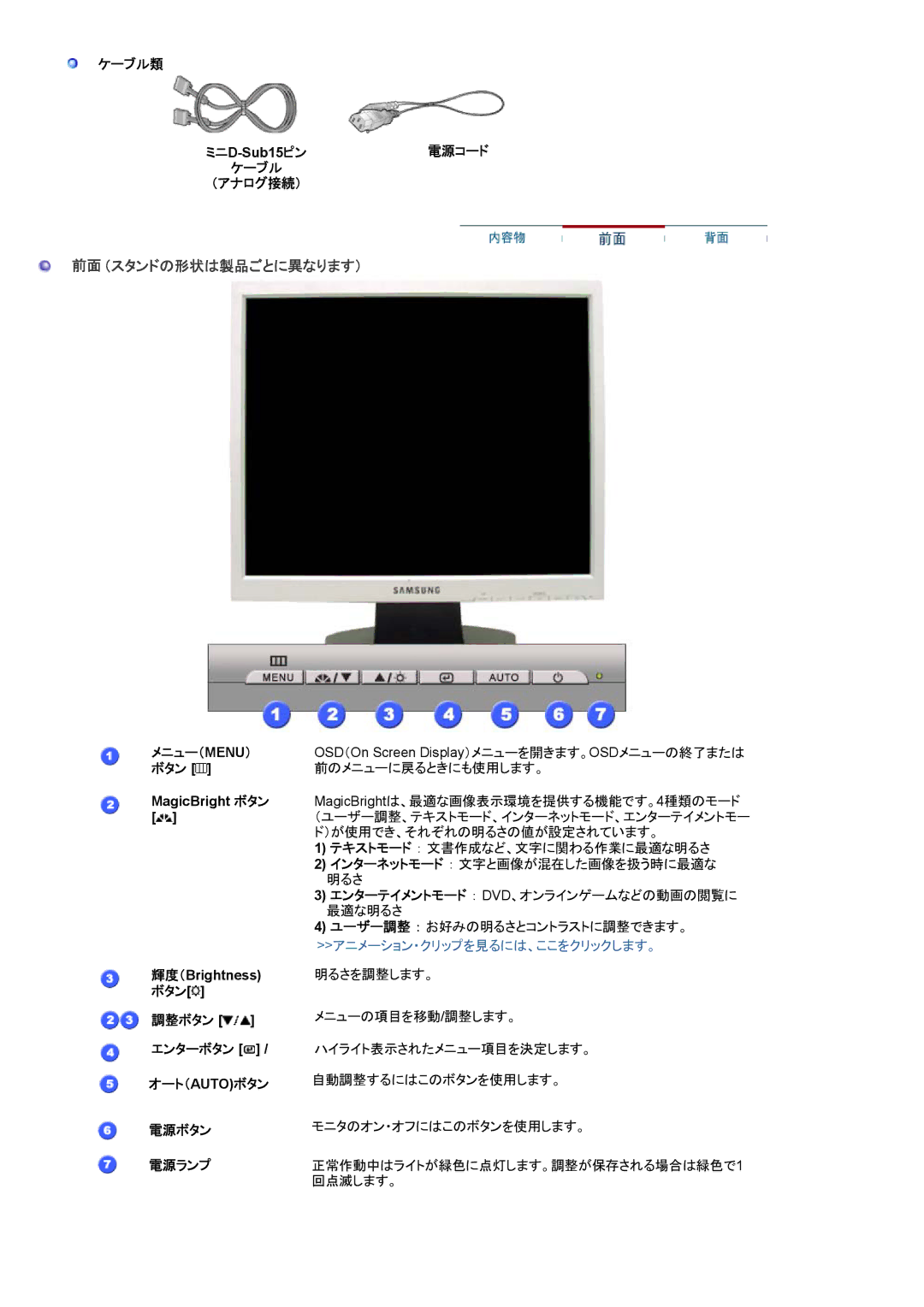 Samsung MJ19BSANQ/XSJ, MJ19BSTNP/XSJ, MJ17BSANQ/XSJ, MJ17BSABV/XSJ, MJ17ASAB/XSJ, MJ19ASAN/XSJ manual 前面（スタンドの形状は製品ごとに異なります） 