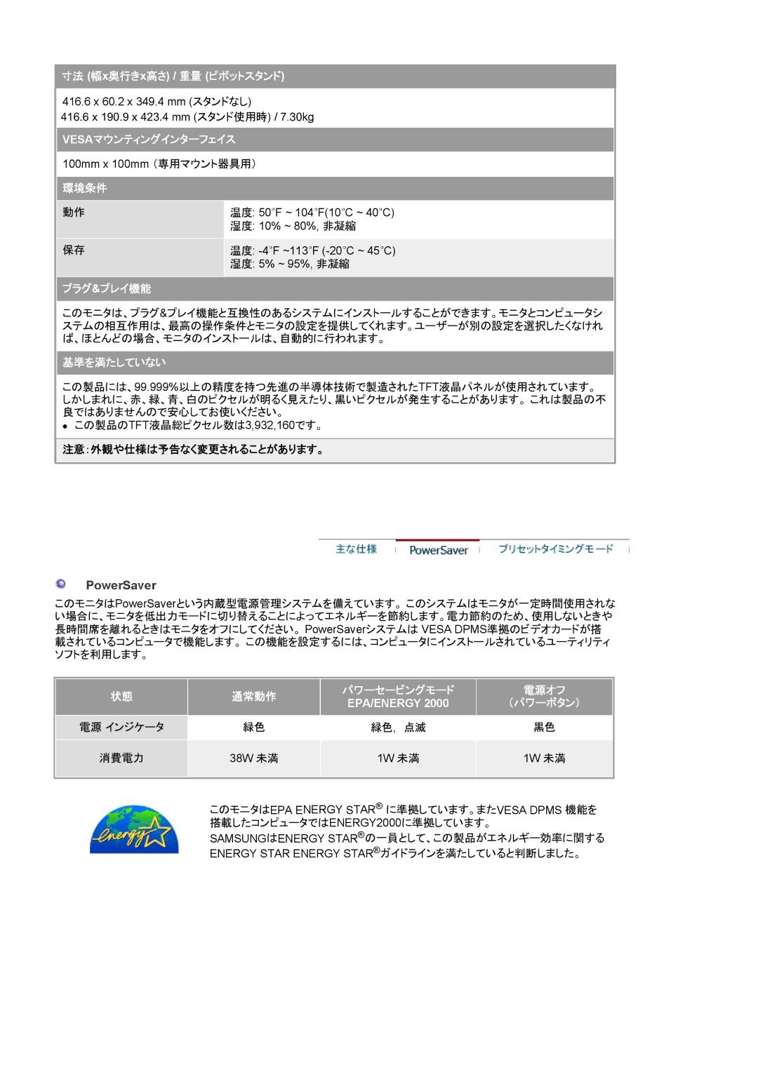 Samsung MJ19ASTN/XSJ, MJ19BSTNP/XSJ, MJ17BSANQ/XSJ, MJ17BSABV/XSJ, MJ17ASAB/XSJ, MJ19BSANQ/XSJ manual 通常動作 パワーセービングモード 電源オフ 