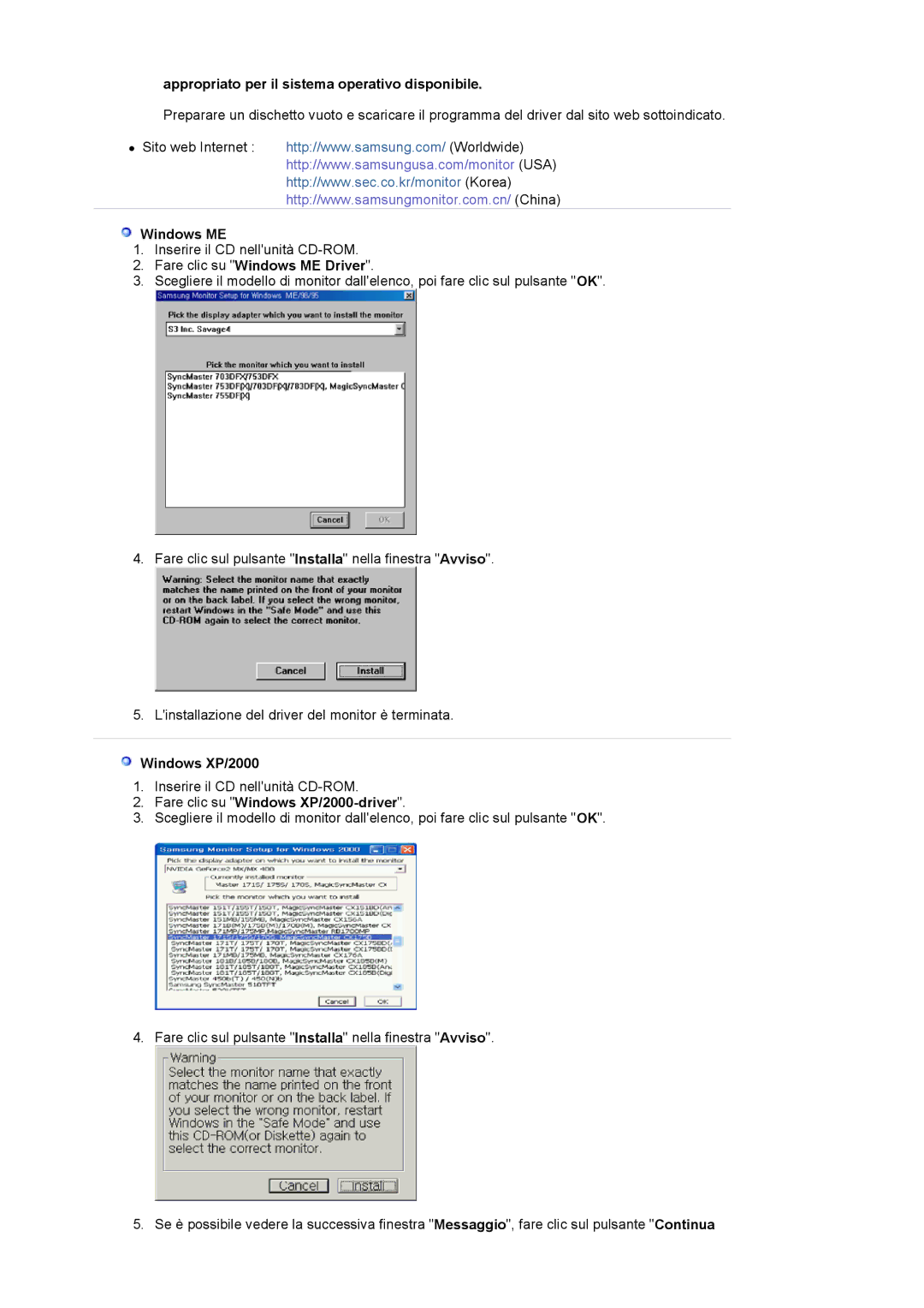 Samsung MJ19ESKSB/EDC manual Appropriato per il sistema operativo disponibile, Fare clic su Windows ME Driver 