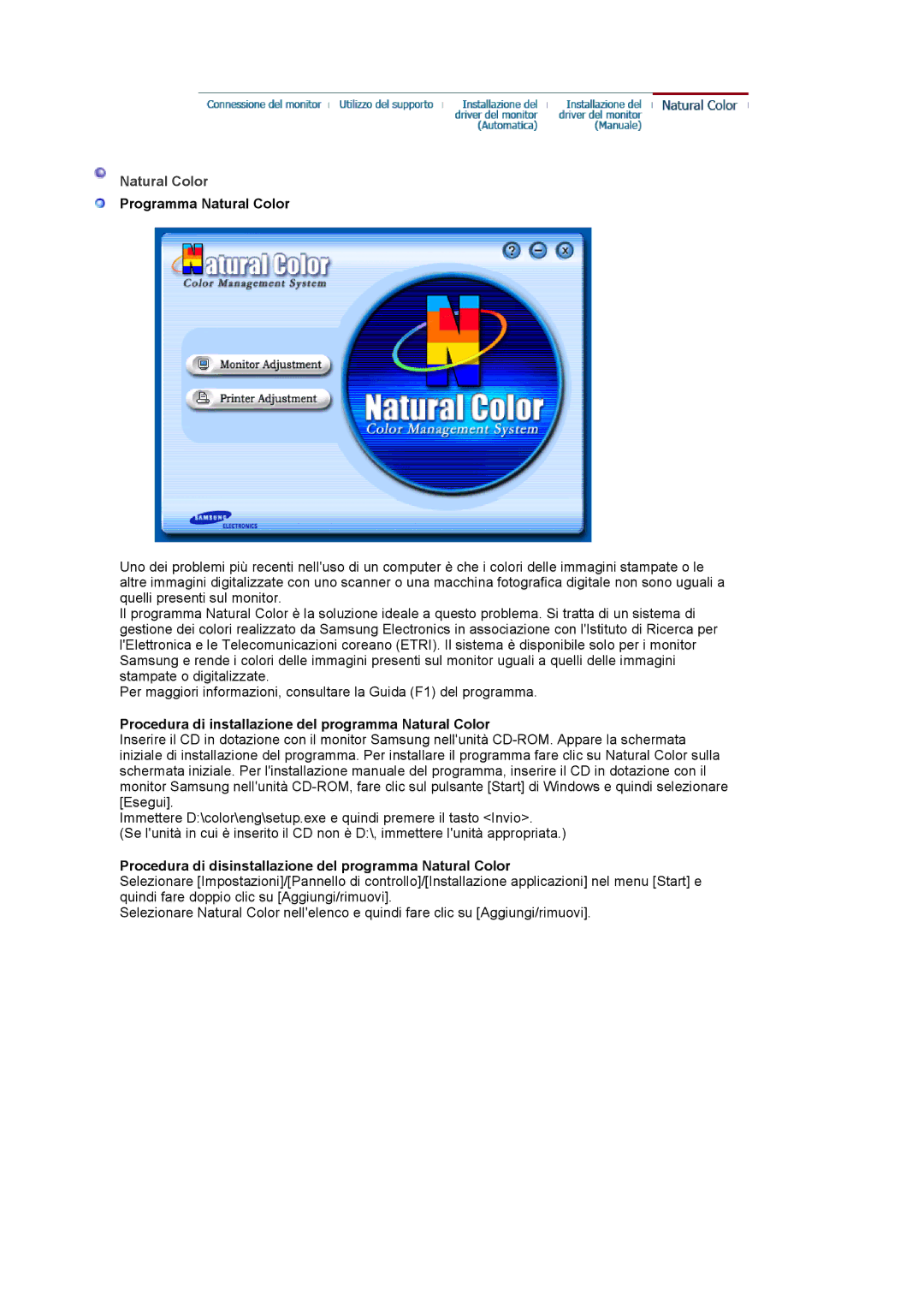 Samsung MJ19ESKSB/EDC manual Programma Natural Color, Procedura di installazione del programma Natural Color 