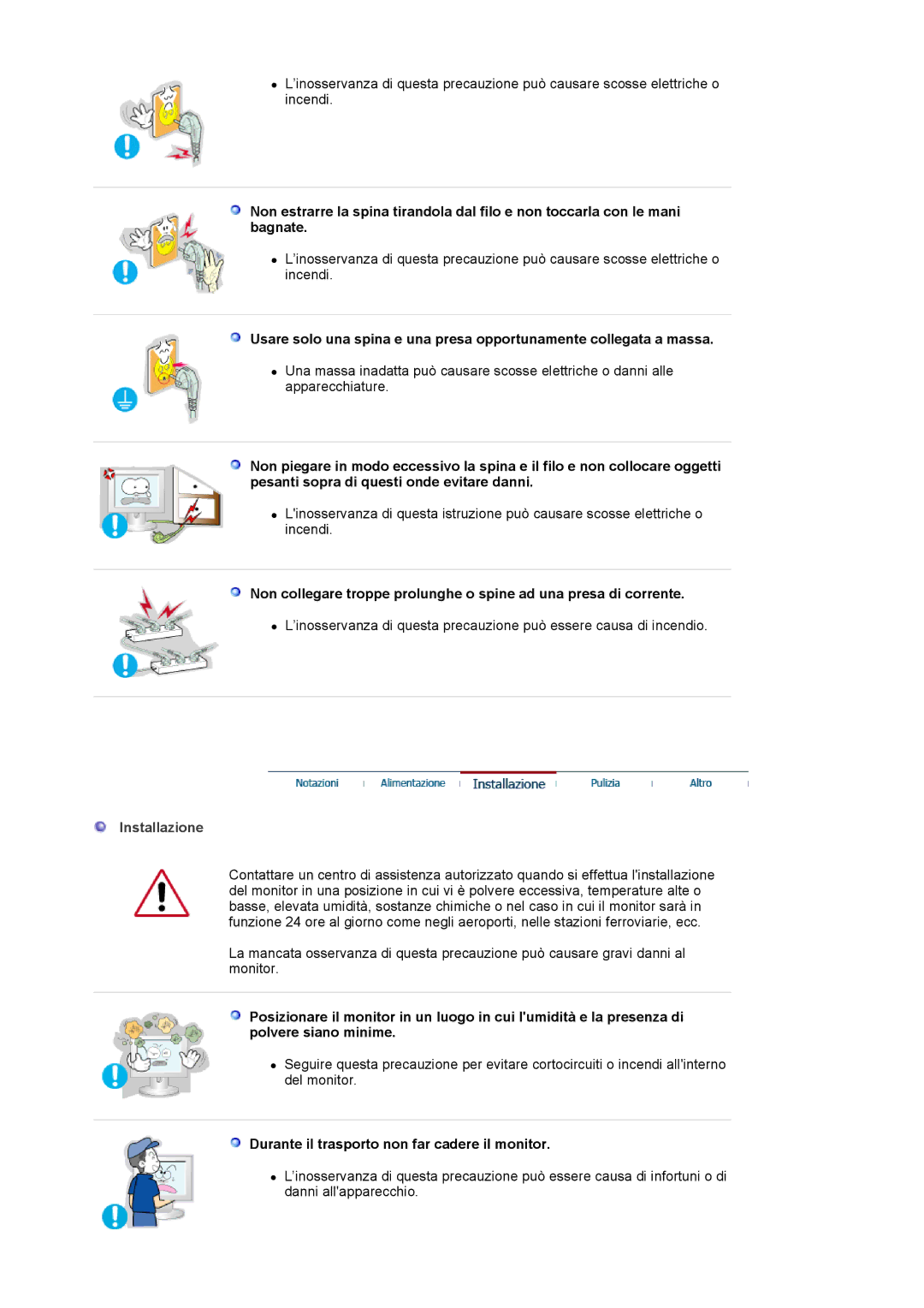 Samsung MJ19ESKSB/EDC manual Installazione, Durante il trasporto non far cadere il monitor 