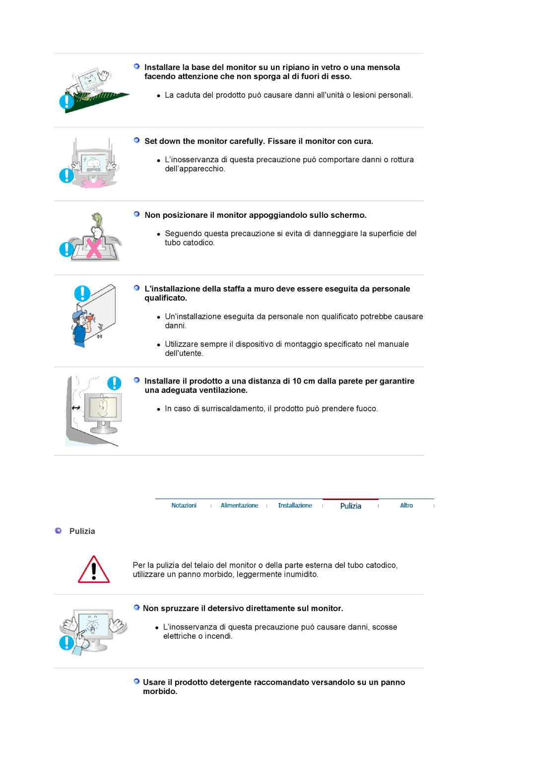 Samsung MJ19ESKSB/EDC manual Set down the monitor carefully. Fissare il monitor con cura, Pulizia 