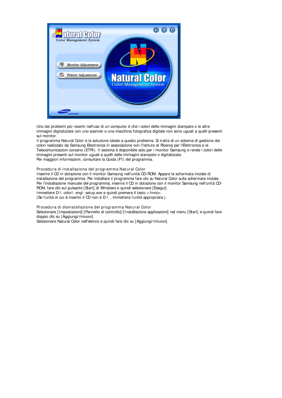 Samsung MJ19ESKSB/EDC manual Procedura di installazione del programma Natural Color 