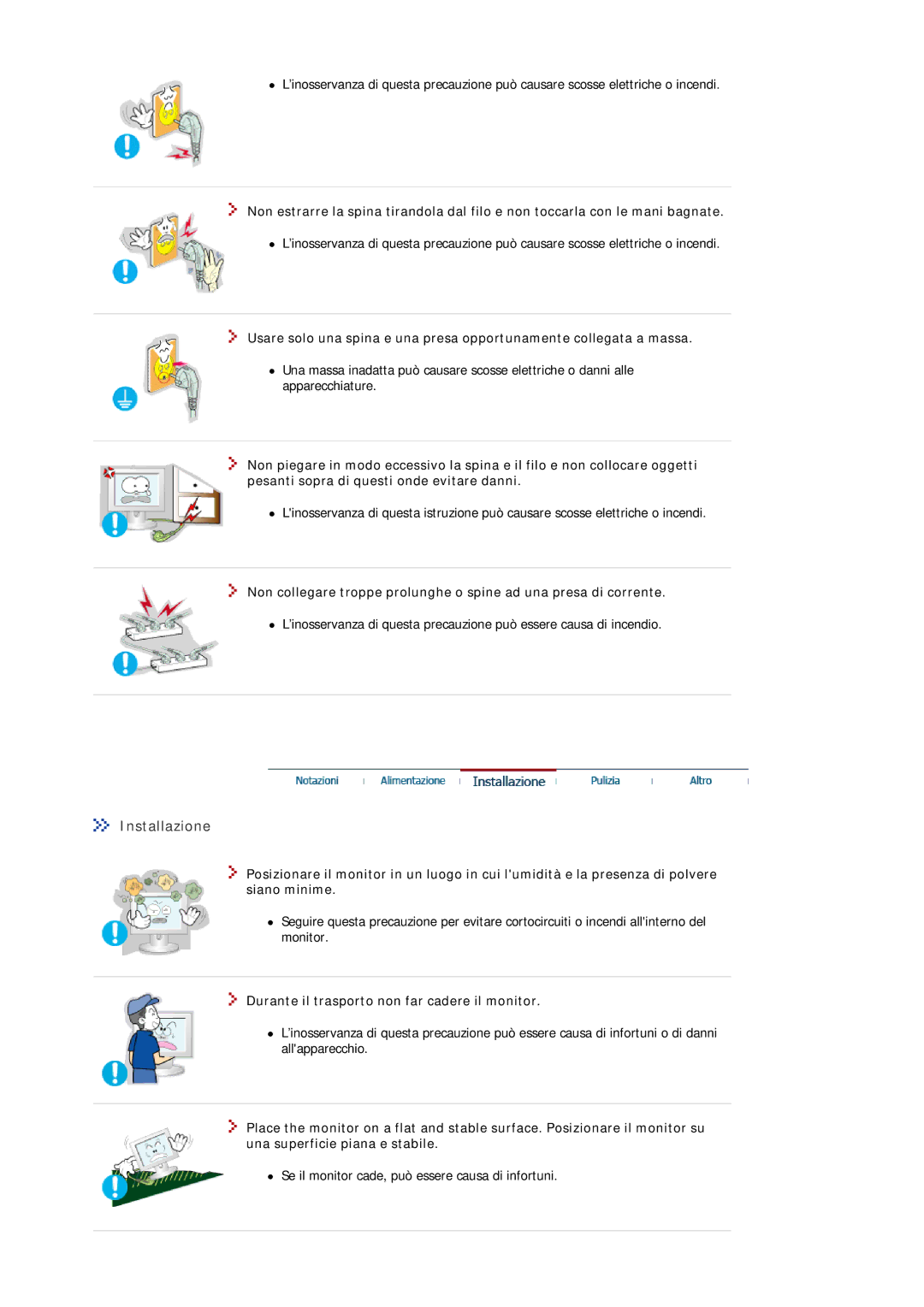 Samsung MJ19ESKSB/EDC manual Installazione, Durante il trasporto non far cadere il monitor 