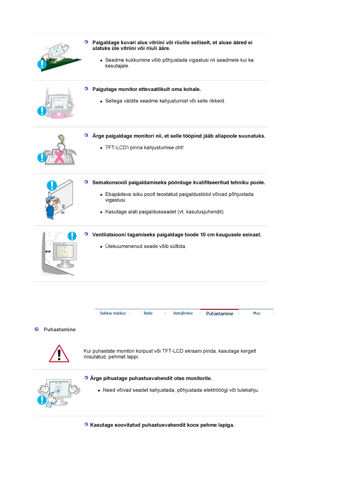 Samsung MJ19ESKSB/EDC manual Paigutage monitor ettevaatlikult oma kohale, Puhastamine 