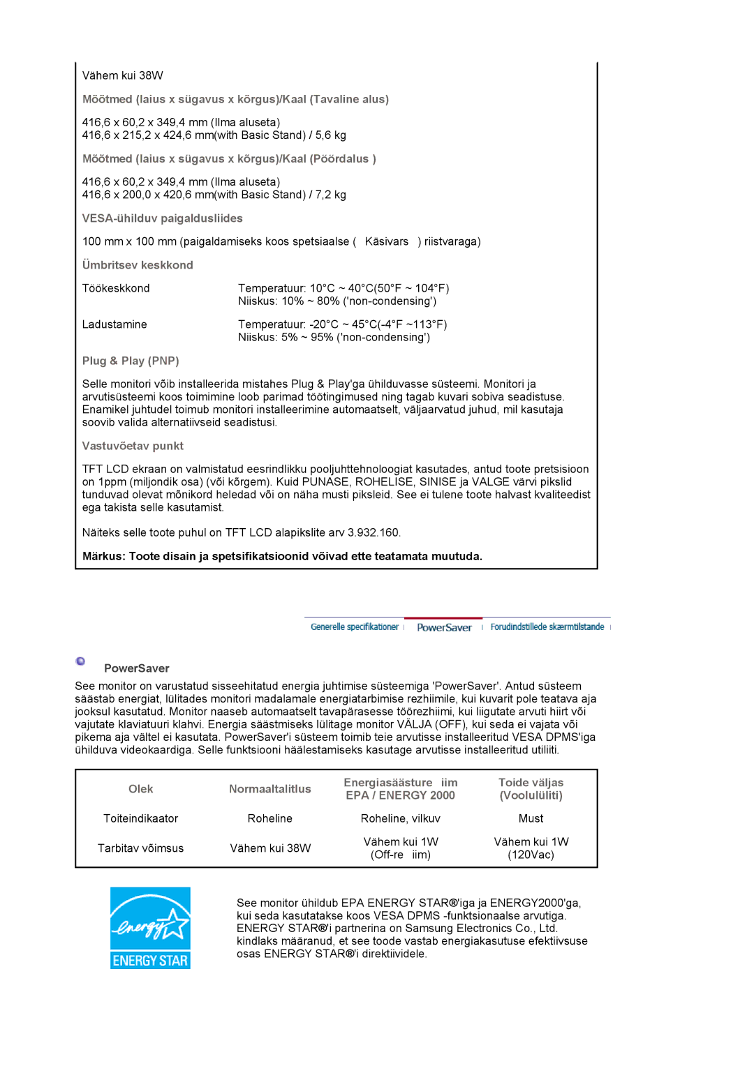 Samsung MJ19ESKSB/EDC manual Ümbritsev keskkond, PowerSaver 