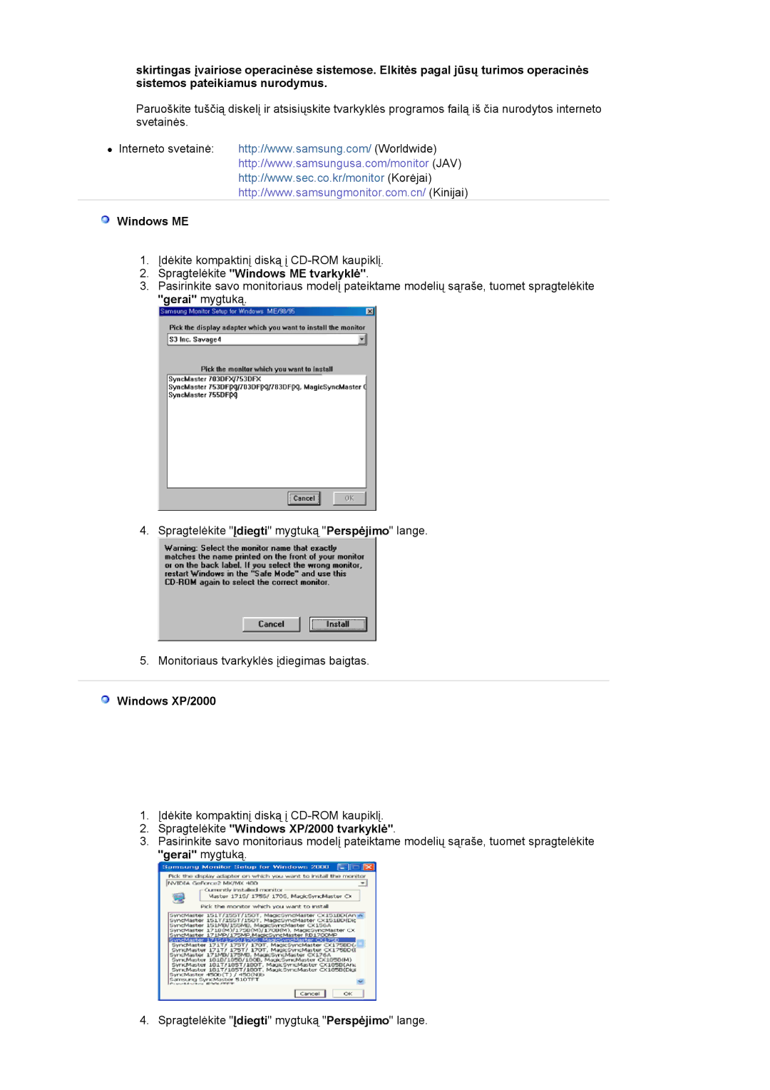 Samsung MJ19ESKSB/EDC manual Spragtelėkite Windows ME tvarkyklė, Spragtelėkite Windows XP/2000 tvarkyklė 