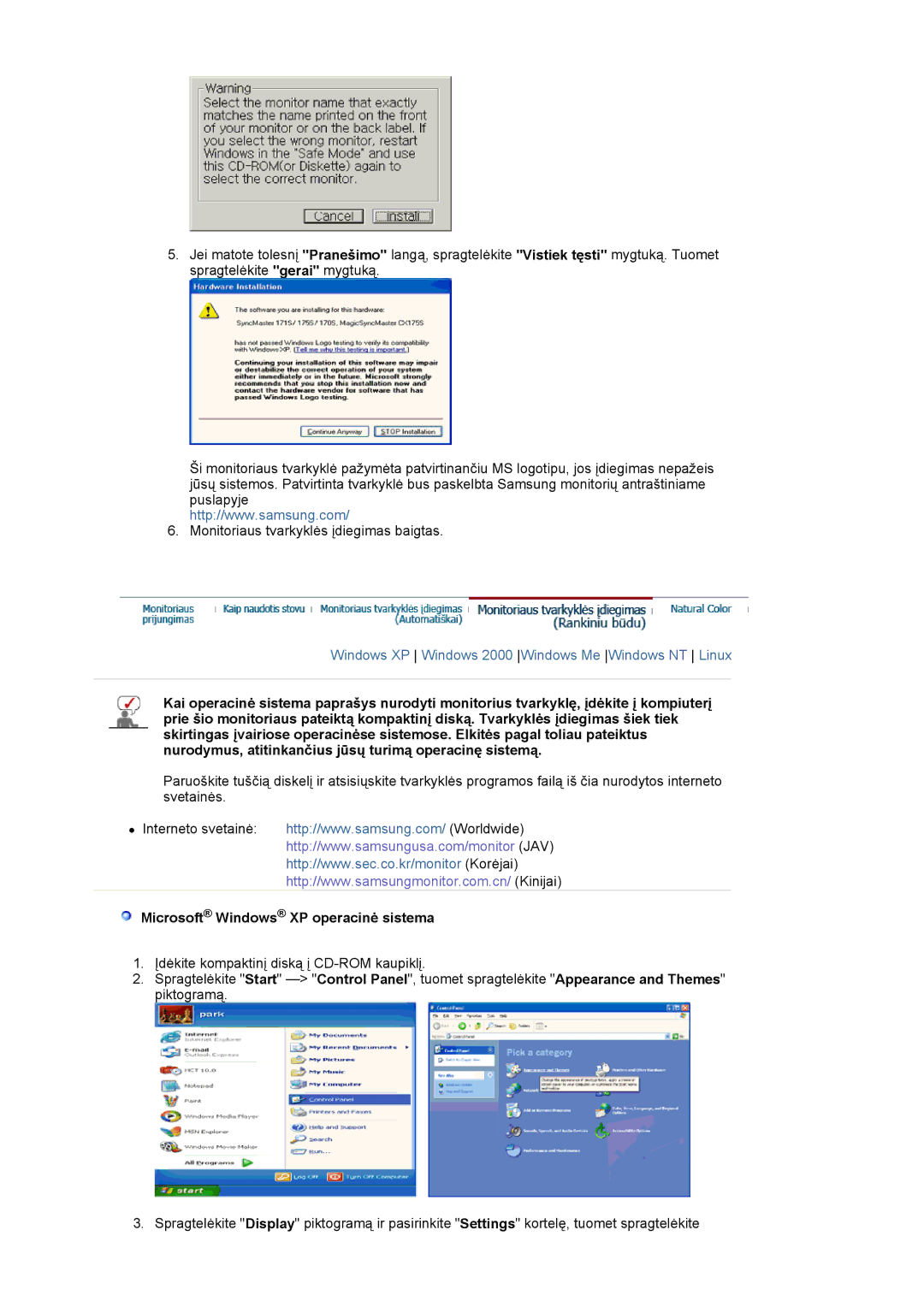 Samsung MJ19ESKSB/EDC manual Microsoft Windows XP operacinė sistema 