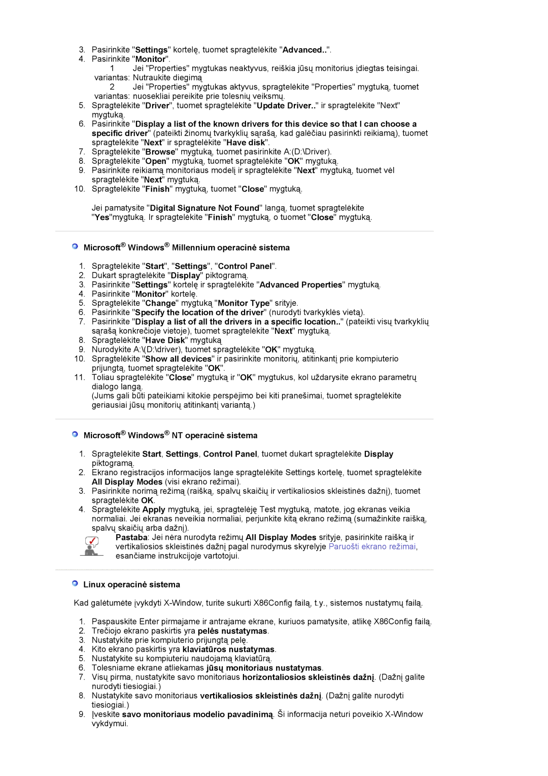 Samsung MJ19ESKSB/EDC manual Microsoft Windows NT operacinė sistema, Linux operacinė sistema 