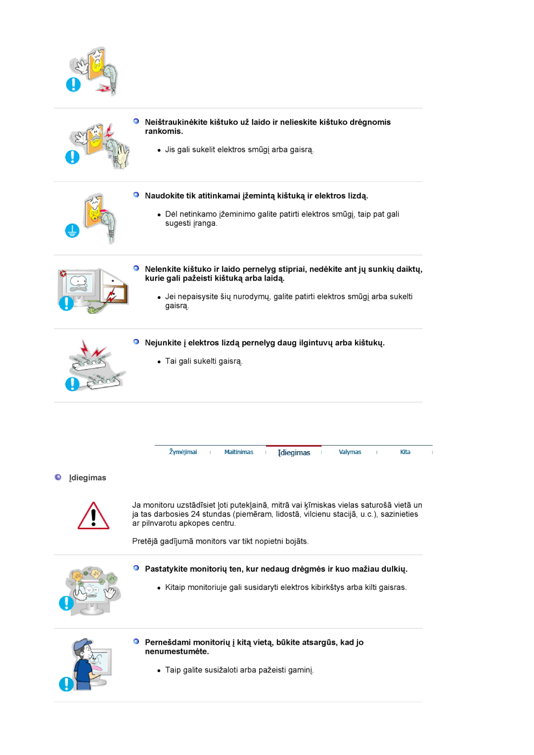 Samsung MJ19ESKSB/EDC manual Naudokite tik atitinkamai įžemintą kištuką ir elektros lizdą, Įdiegimas 