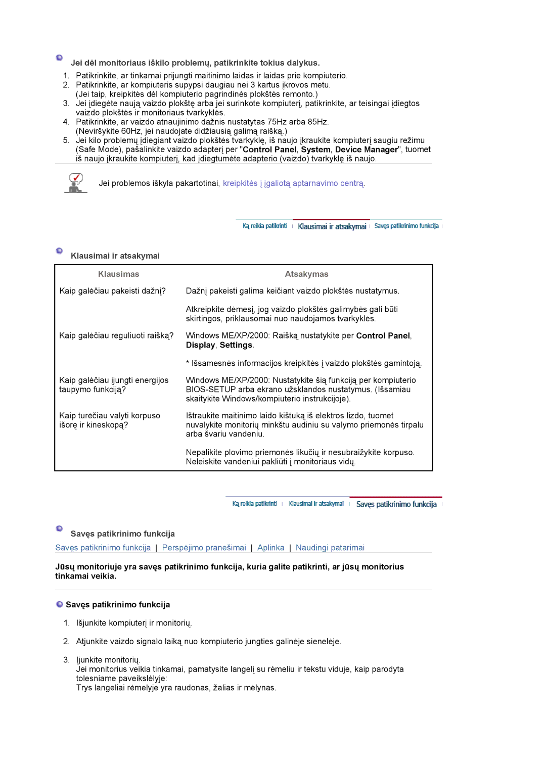 Samsung MJ19ESKSB/EDC manual Klausimai ir atsakymai, Klausimas, Atsakymas, Savęs patikrinimo funkcija 