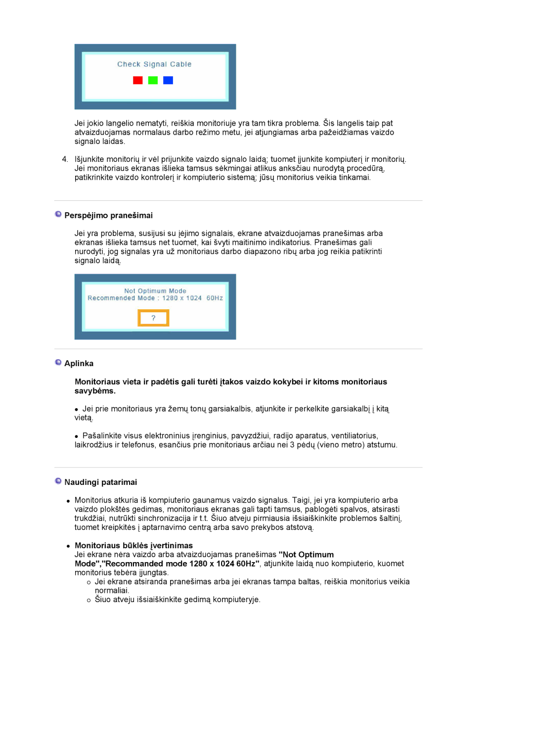 Samsung MJ19ESKSB/EDC manual Perspėjimo pranešimai, Naudingi patarimai, Monitoriaus būklės įvertinimas 