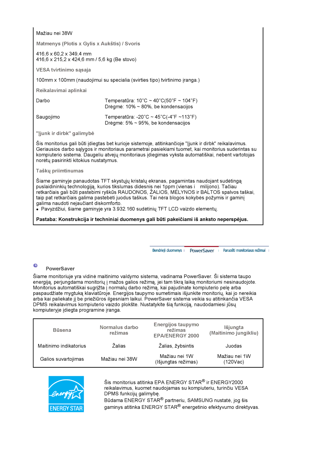 Samsung MJ19ESKSB/EDC manual Matmenys Plotis x Gylis x Aukštis / Svoris, Vesa tvirtinimo sąsaja 