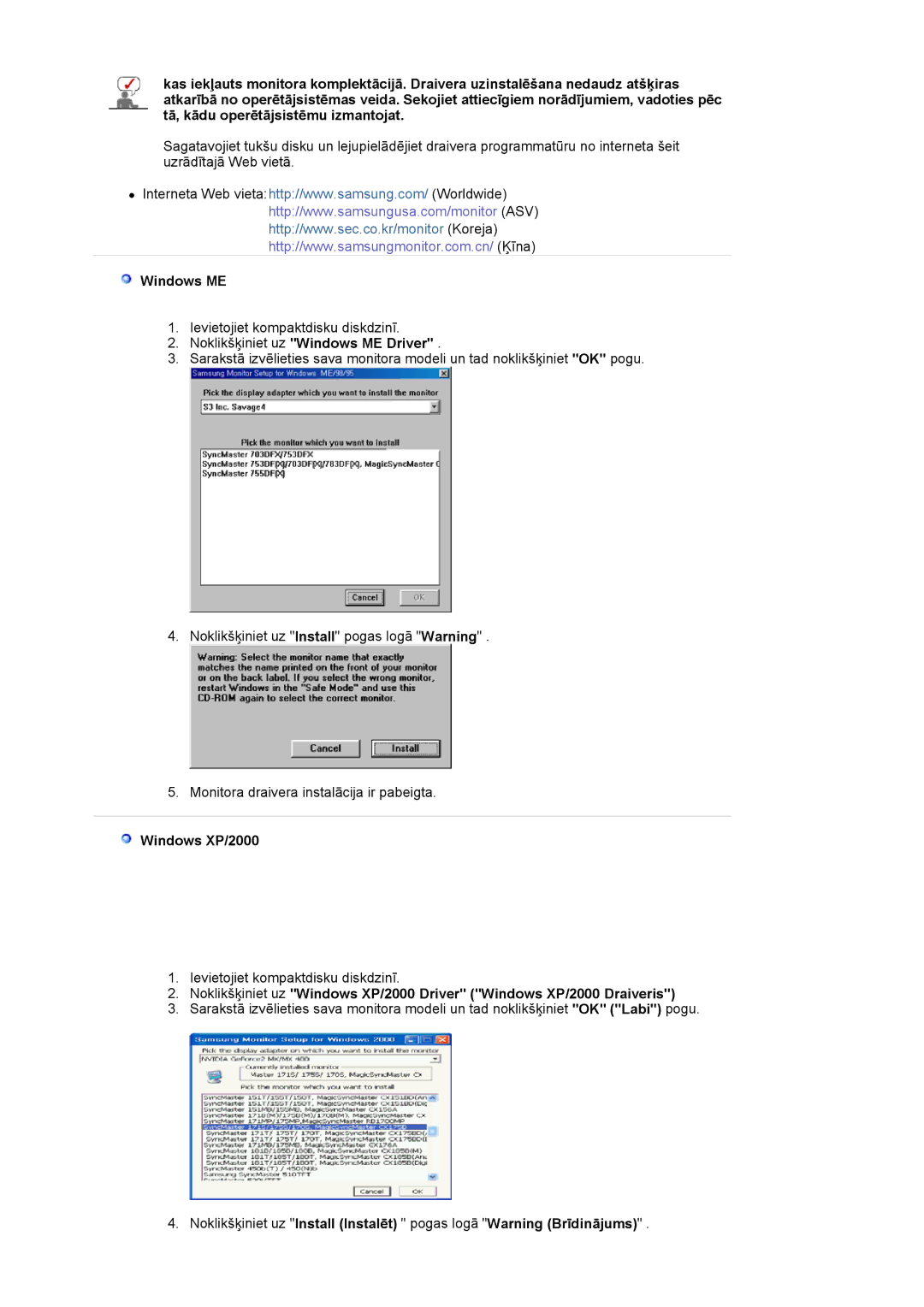 Samsung MJ19ESKSB/EDC manual Noklikšķiniet uz Windows ME Driver, Windows XP/2000 