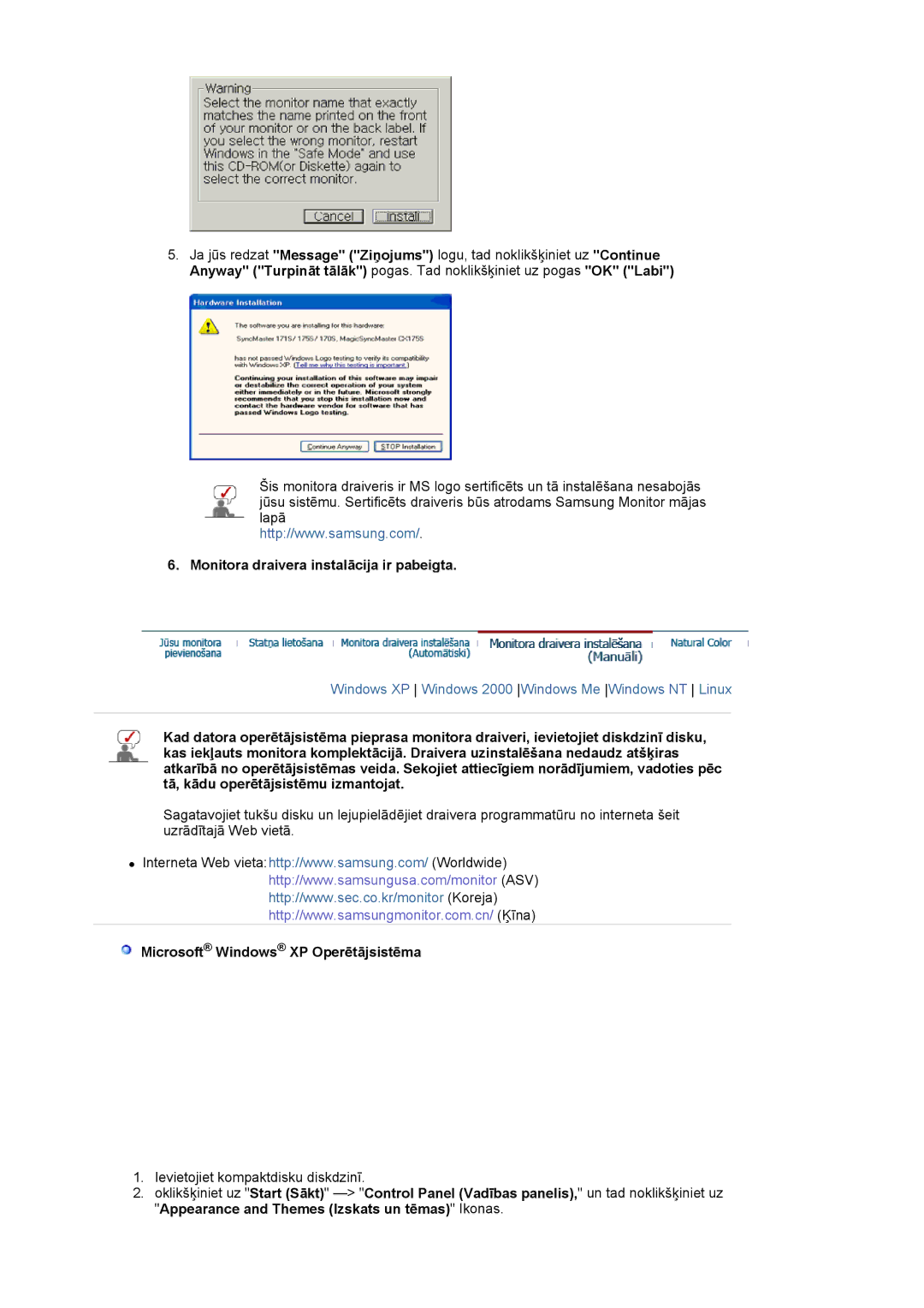 Samsung MJ19ESKSB/EDC manual Monitora draivera instalācija ir pabeigta, Microsoft Windows XP Operētājsistēma 
