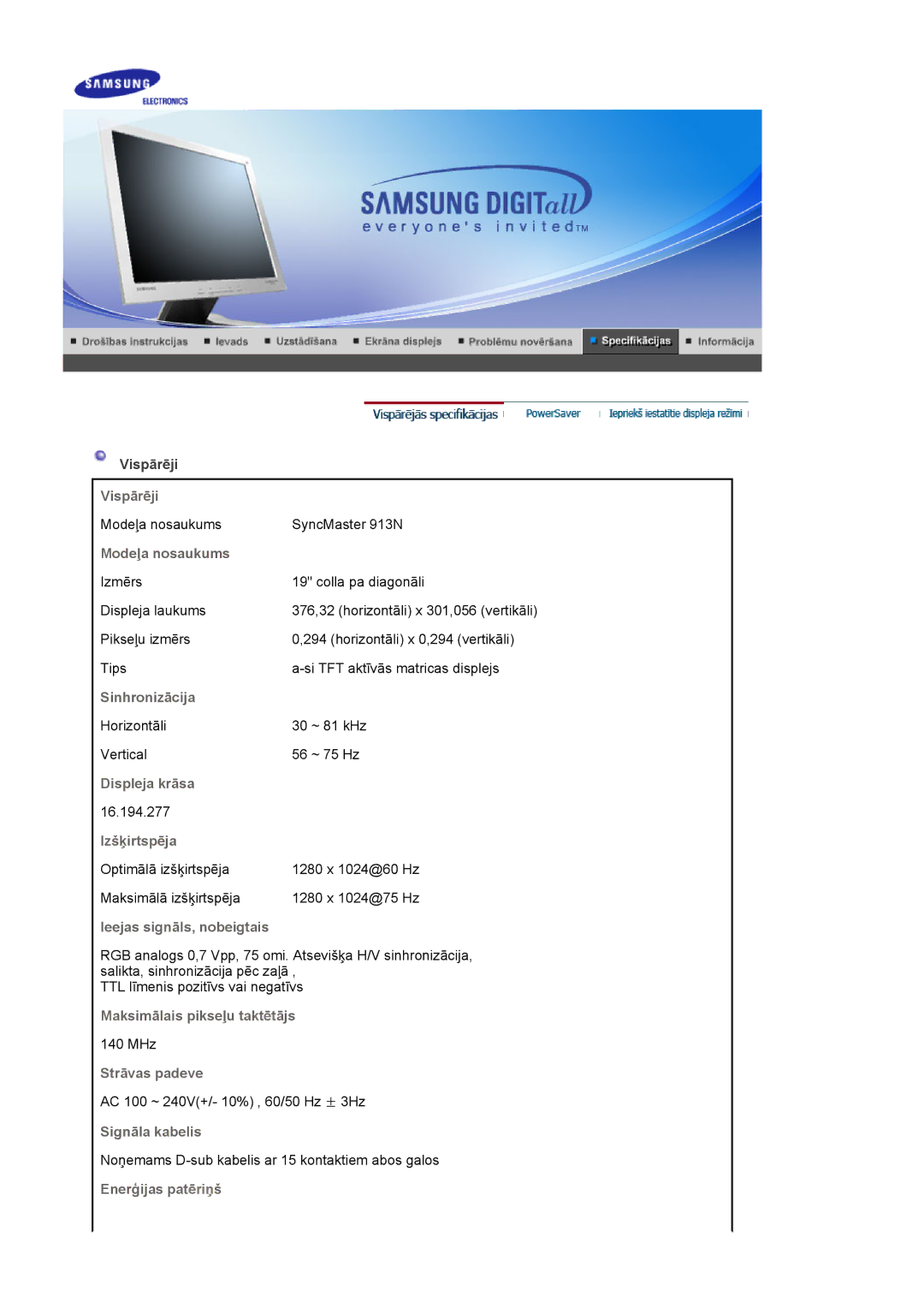 Samsung MJ19ESKSB/EDC manual Vispārēji, Modeļa nosaukums, Sinhronizācija, Displeja krāsa, Izšķirtspēja, Strāvas padeve 