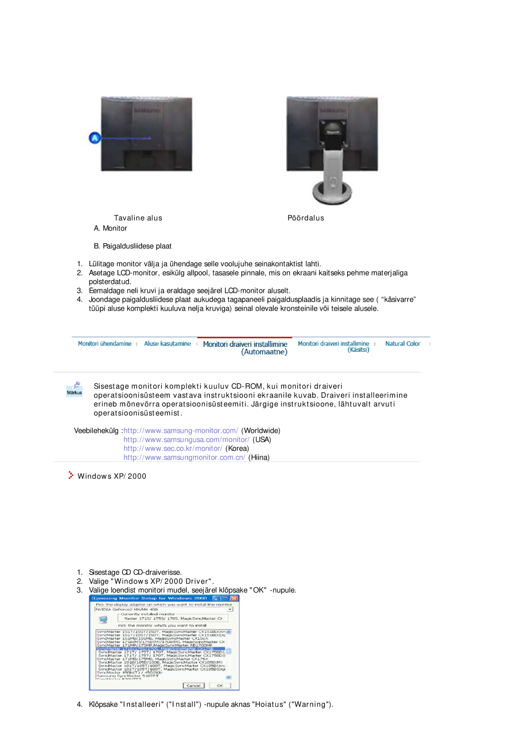 Samsung MJ19ESKSB/EDC manual Tavaline alus, Valige Windows XP/2000 Driver 