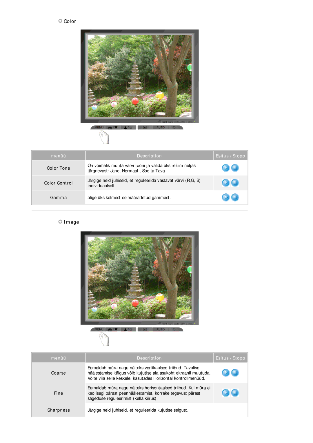 Samsung MJ19ESKSB/EDC manual Image, Color Tone Color Control Gamma, Description Esitus /Stopp 