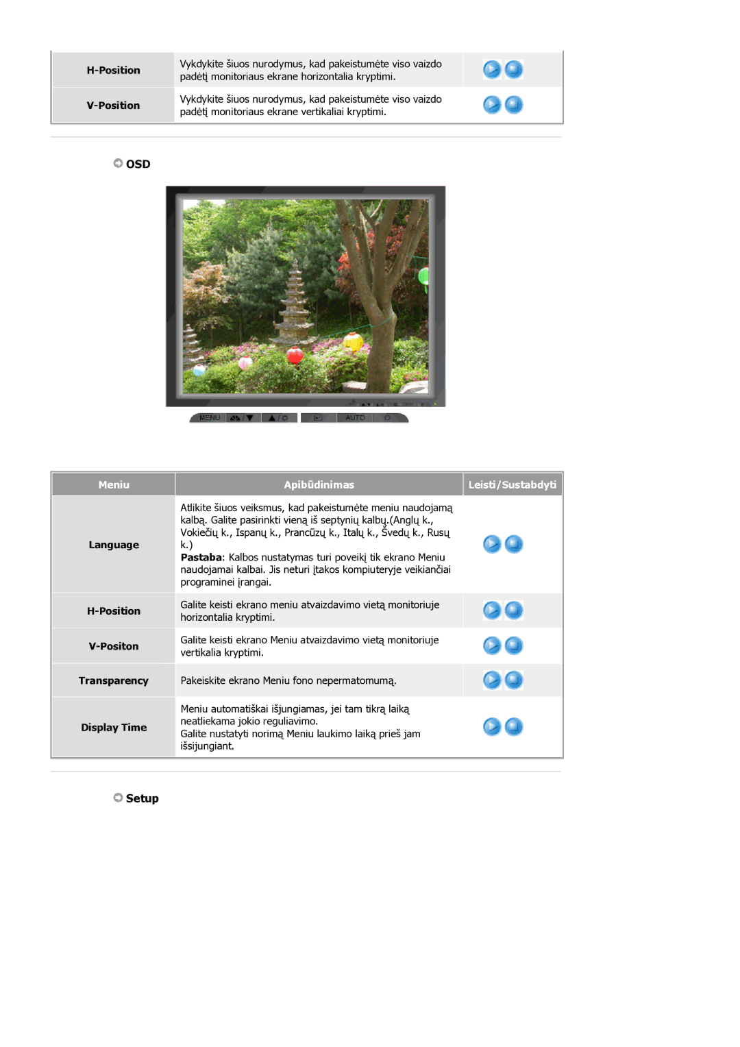 Samsung MJ19ESKSB/EDC manual Setup, Language Position Positon Transparency Display Time 