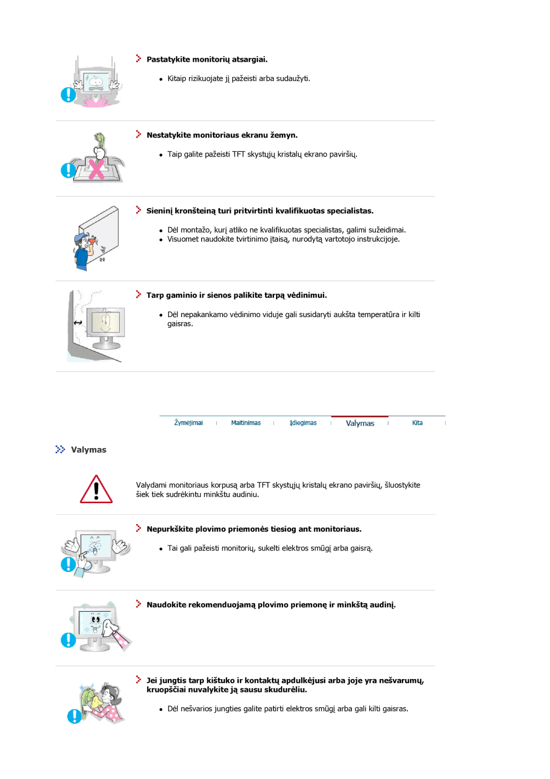 Samsung MJ19ESKSB/EDC manual Valymas, Pastatykite monitorių atsargiai, Nestatykite monitoriaus ekranu žemyn 