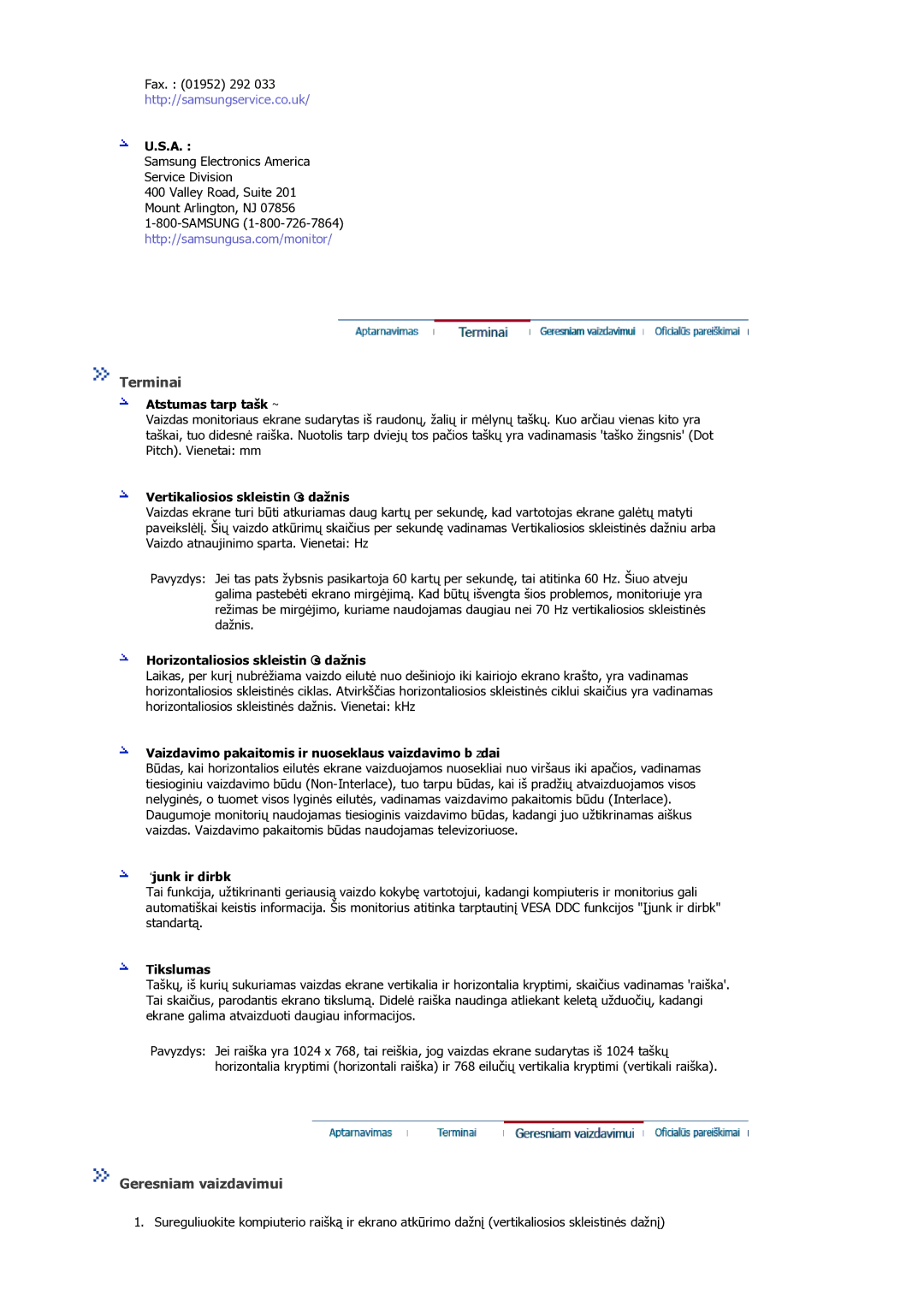 Samsung MJ19ESKSB/EDC manual Terminai, Geresniam vaizdavimui 