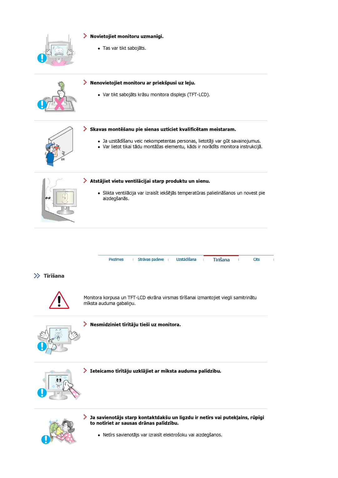 Samsung MJ19ESKSB/EDC manual Tīrīšana, Novietojiet monitoru uzmanīgi, Nenovietojiet monitoru ar priekšpusi uz leju 