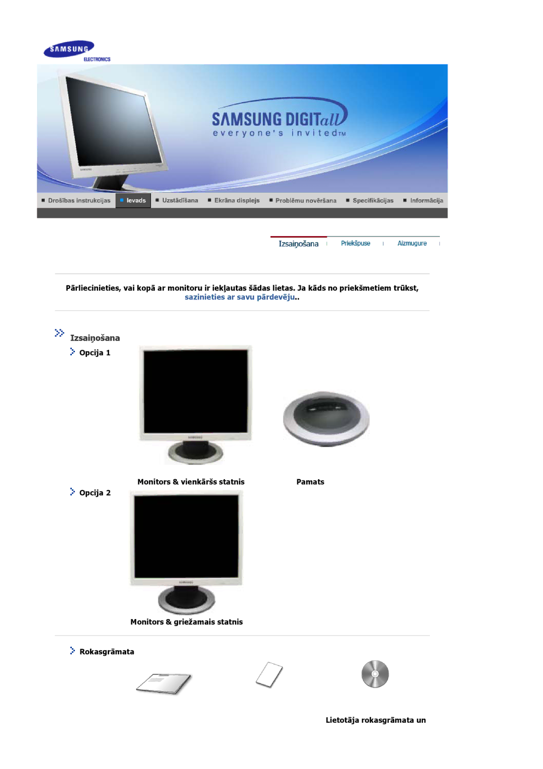 Samsung MJ19ESKSB/EDC manual Izsaiņošana, Opcija Monitors & vienkāršs statnis 