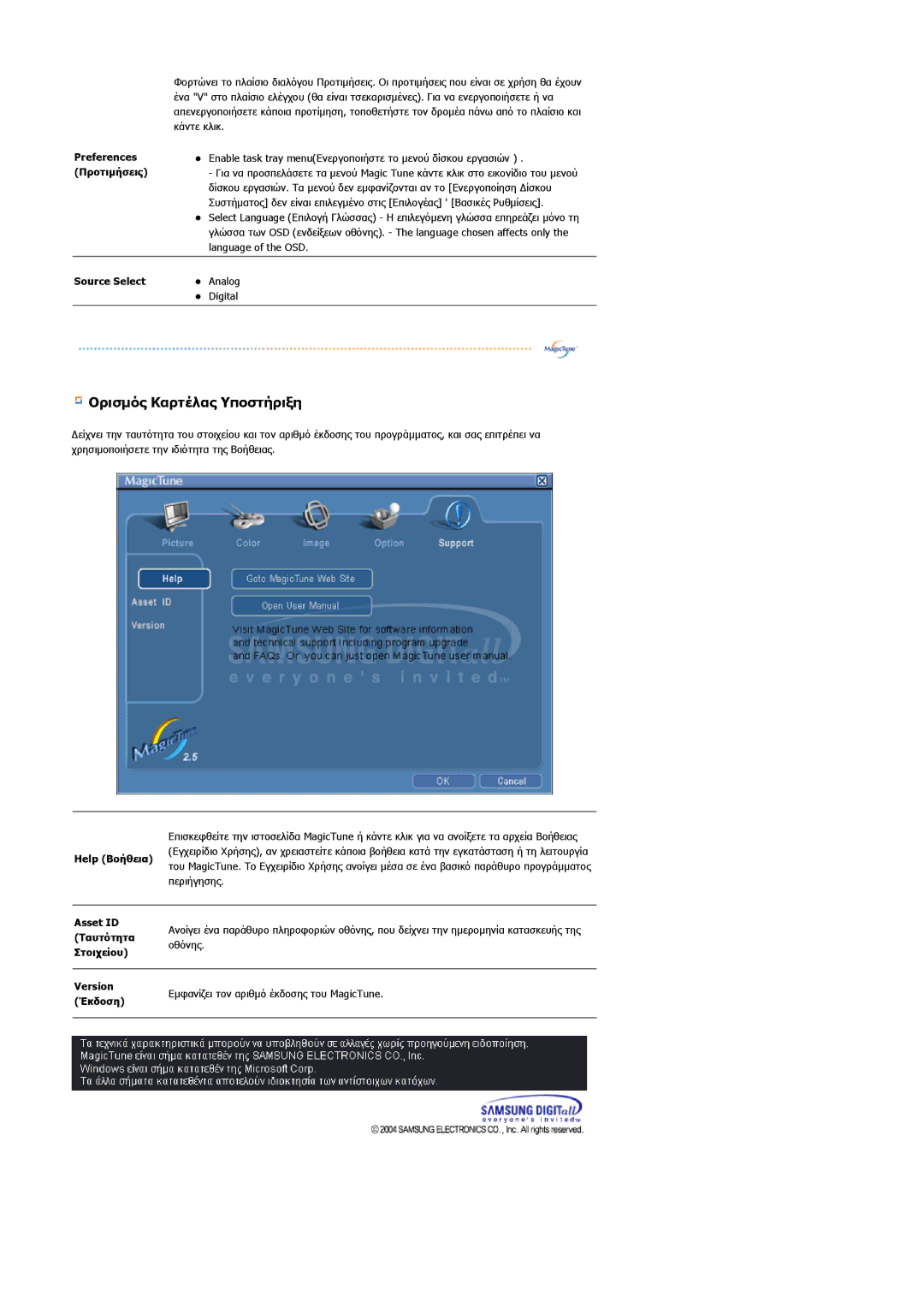 Samsung MJ19ESKSB/EDC manual Ορισµός Καρτέλας Υποστήριξη, Preferences Προτιµήσεις 