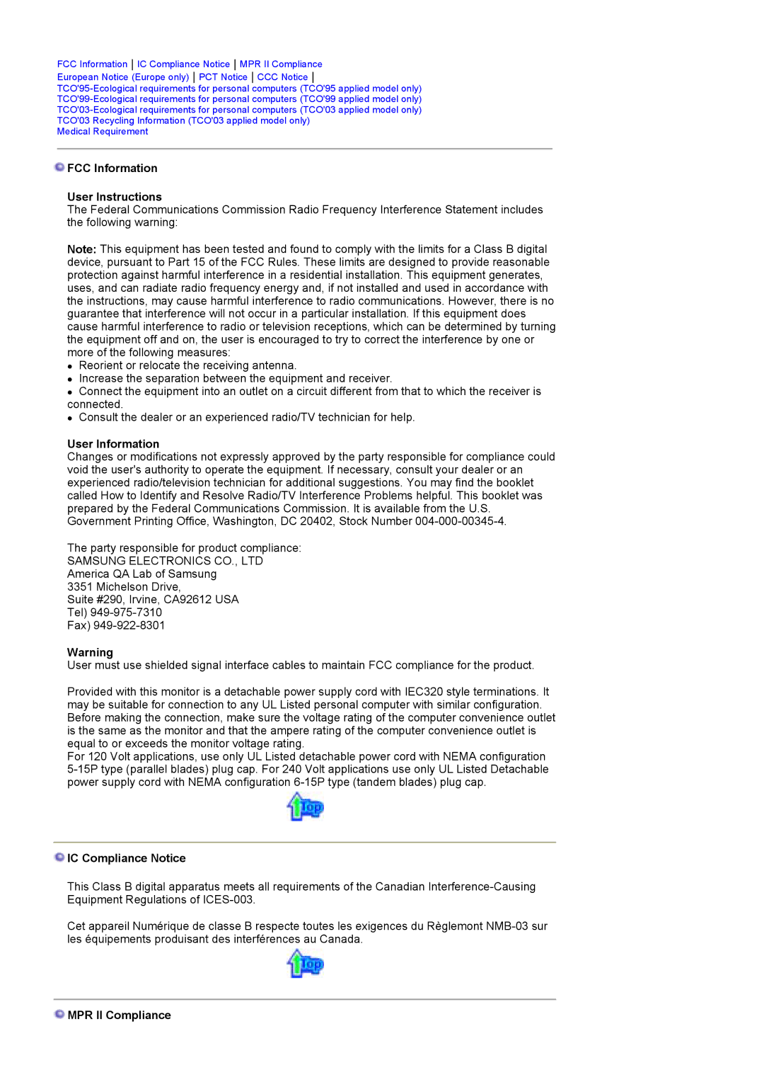 Samsung MJ19ESKSB/EDC manual FCC Information User Instructions, User Information, IC Compliance Notice, MPR II Compliance 