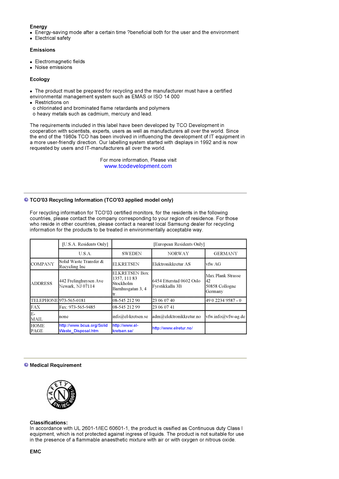 Samsung MJ19ESKSB/EDC manual Energy, Emissions, Ecology, TCO03 Recycling Information TCO03 applied model only 