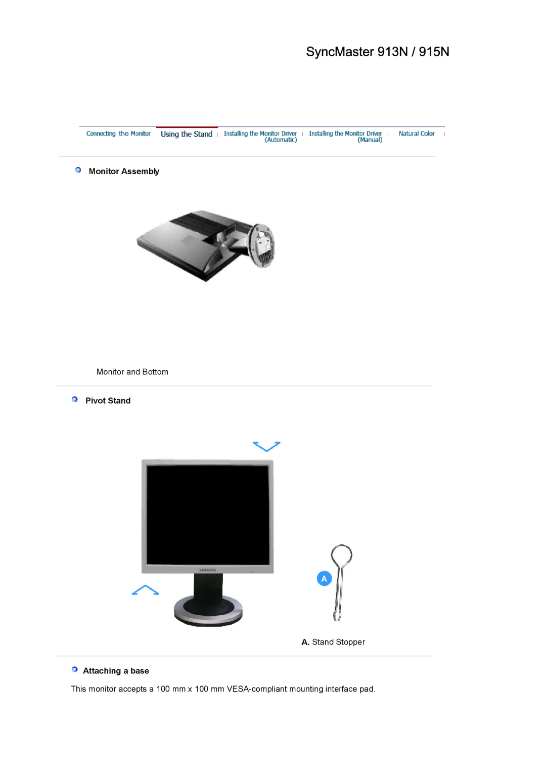 Samsung MJ19ESTB/XSJ, LS19MJETS/XSJ, MJ19ESTN/XSJ, MJ19ESTSB/EDC manual Monitor Assembly, Pivot Stand, Attaching a base 