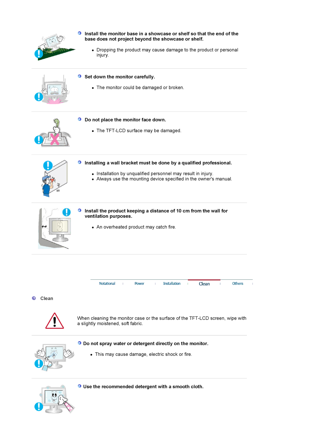 Samsung MJ19ESKSB/EDC, MJ19ESTB/XSJ, MJ19ESTN/XSJ Set down the monitor carefully, Do not place the monitor face down, Clean 